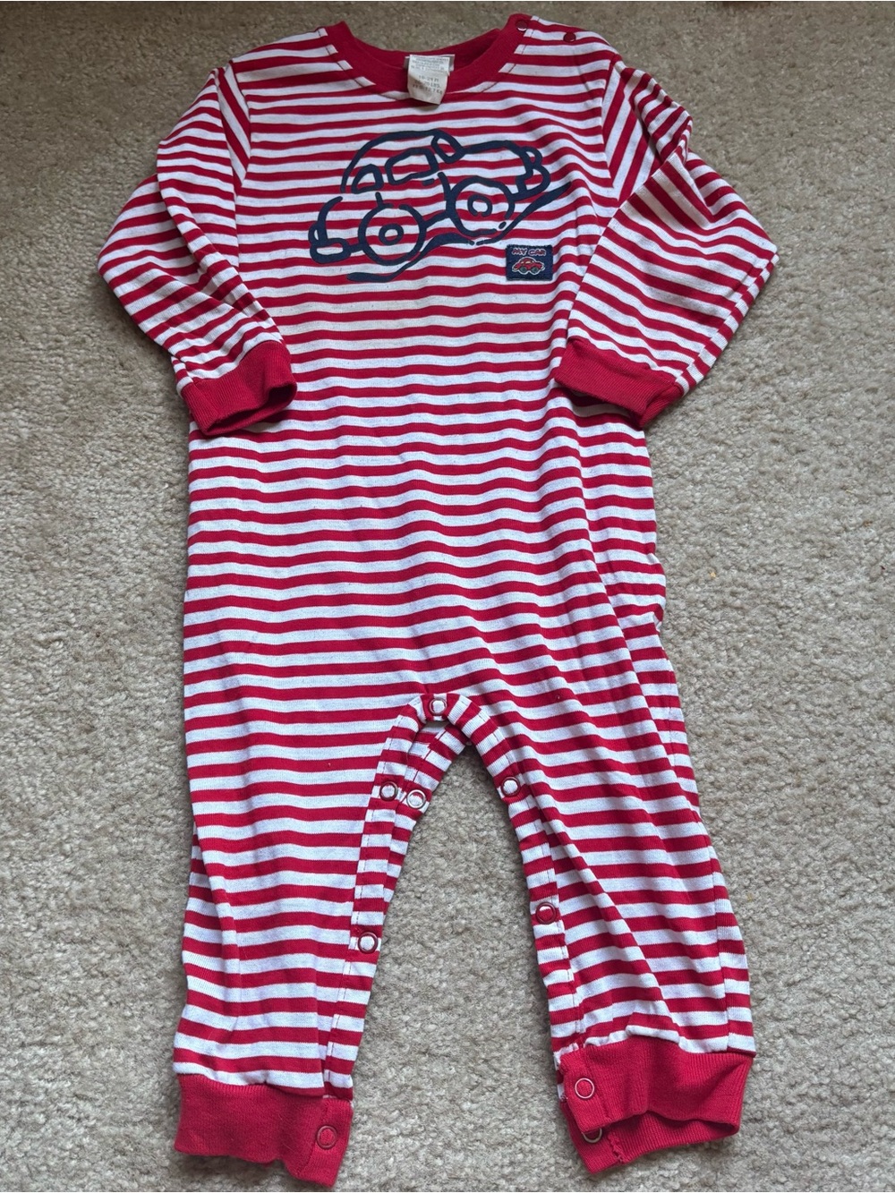 Vintage baby boy carters one piece red and white striped outfit car size 18-24M
